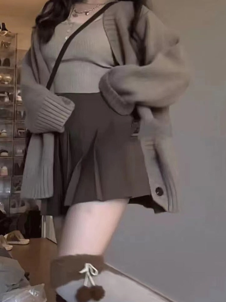 2024 Autumn Winter Outfits 2 Piece Set Retro Single-breasted Thick Oversize Warm Cozy Cardigan + High Waist Mini Pleated Skirt
