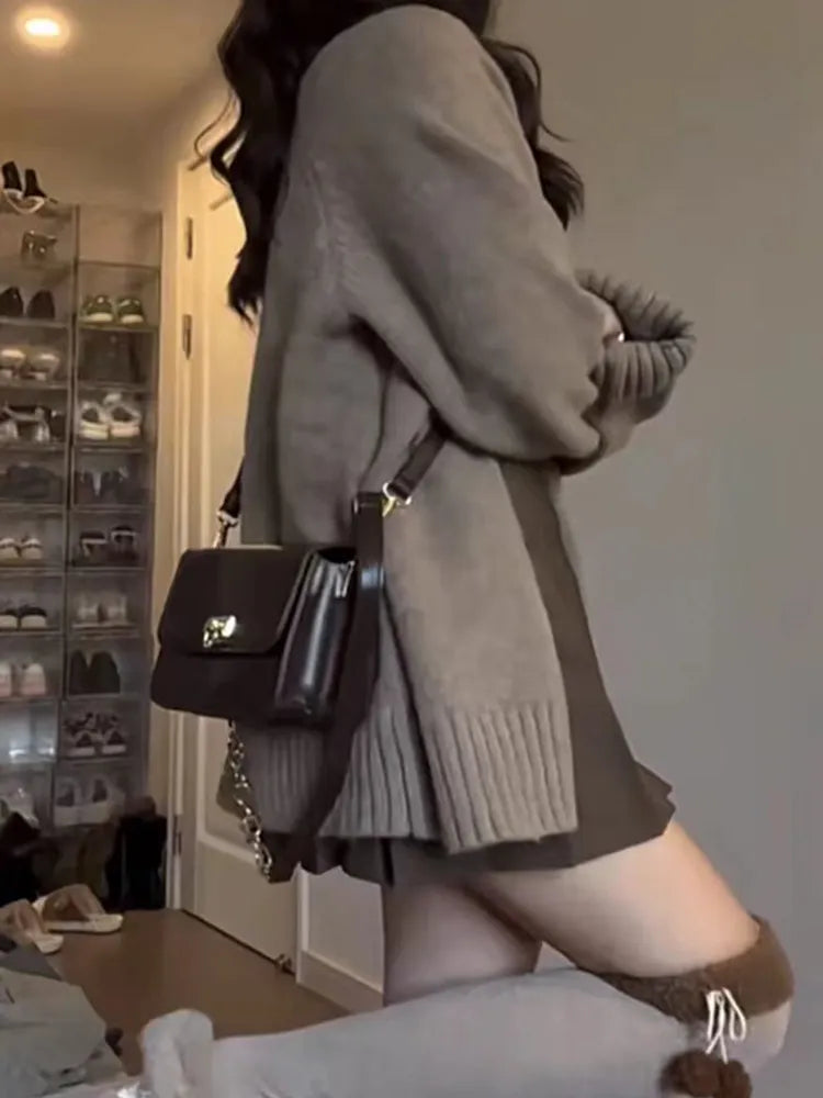 2024 Autumn Winter Outfits 2 Piece Set Retro Single-breasted Thick Oversize Warm Cozy Cardigan + High Waist Mini Pleated Skirt