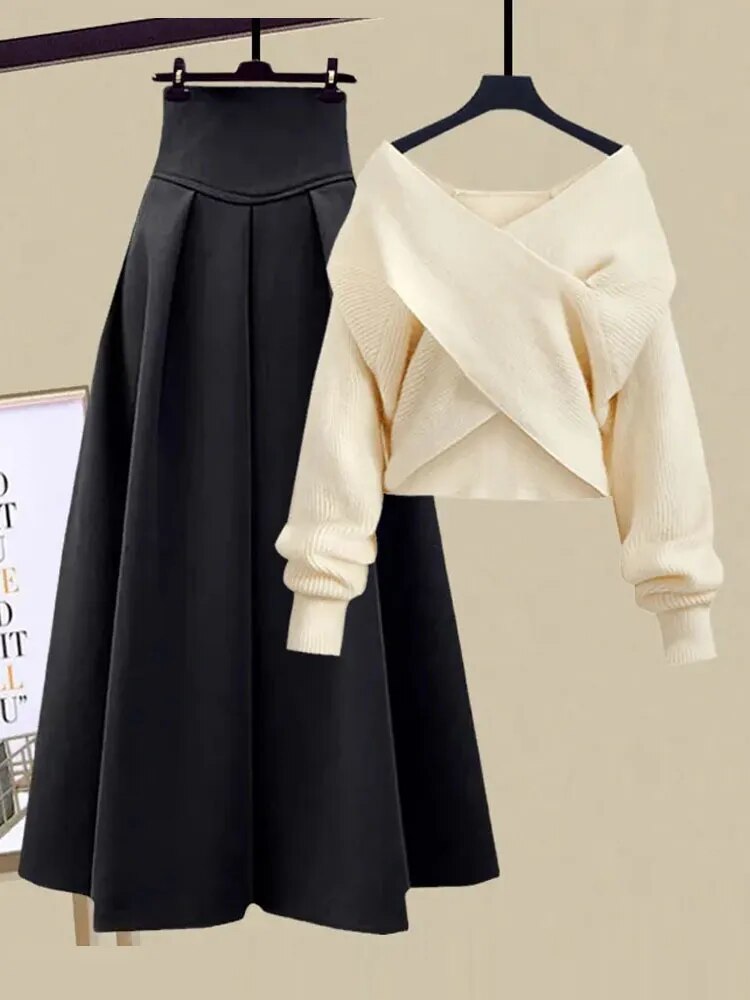2024 Autumn Winter Skirt Sets For Women Outfits Korean Casual Knitwears Pullover Sweater And High Waist Skirts Two Piece Sets