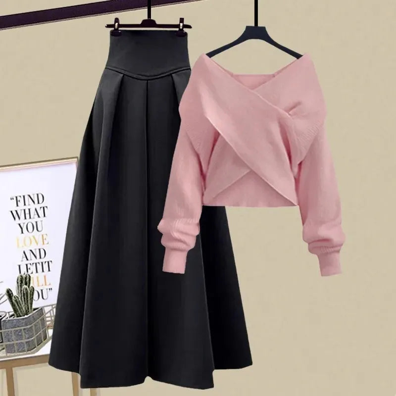 2024 Autumn Winter Skirt Sets For Women Outfits Korean Casual Knitwears Pullover Sweater And High Waist Skirts Two Piece Sets Set 3