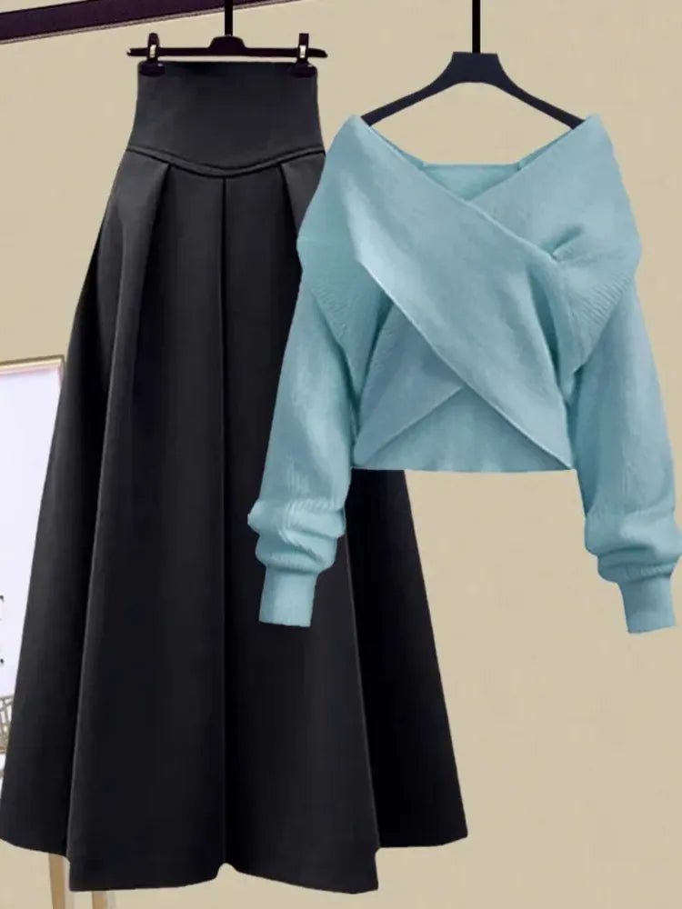 2024 Autumn Winter Skirt Sets For Women Outfits Korean Casual Knitwears Pullover Sweater And High Waist Skirts Two Piece Sets
