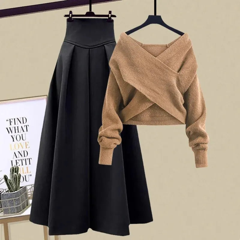 2024 Autumn Winter Skirt Sets For Women Outfits Korean Casual Knitwears Pullover Sweater And High Waist Skirts Two Piece Sets Set 2