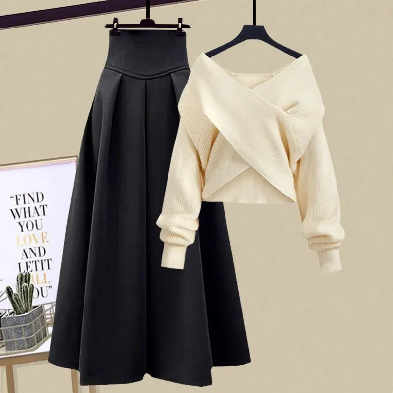 2024 Autumn Winter Skirt Sets For Women Outfits Korean Casual Knitwears Pullover Sweater And High Waist Skirts Two Piece Sets Set