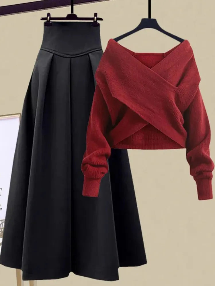 2024 Autumn Winter Skirt Sets For Women Outfits Korean Casual Knitwears Pullover Sweater And High Waist Skirts Two Piece Sets