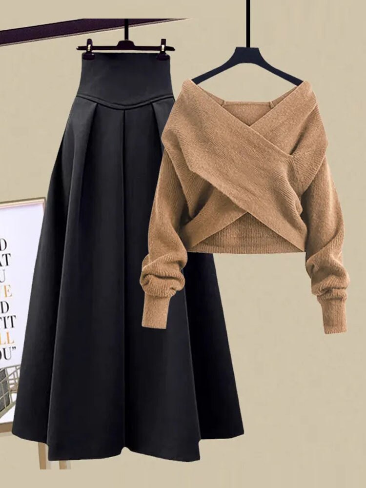 2024 Autumn Winter Skirt Sets For Women Outfits Korean Casual Knitwears Pullover Sweater And High Waist Skirts Two Piece Sets