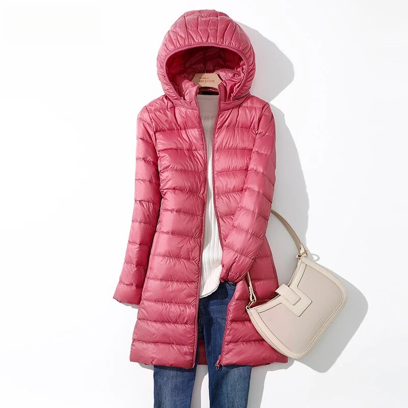 2024 Autumn Winter Women Long Down Coats Hooded Parkas Windproof Warm Puffer Jacket Ultralight White Duck Long Down Jackets Lady Pink