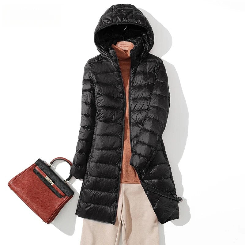 2024 Autumn Winter Women Long Down Coats Hooded Parkas Windproof Warm Puffer Jacket Ultralight White Duck Long Down Jackets Lady Black