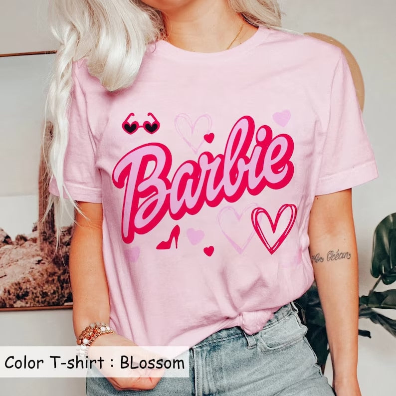 2024 Barbie Short-Sleeved Fashion Ladies T-Shirt Y2K Girls Summer Printing Soft Loose Round Neck Tops Undershirt Yoga Clothes 1