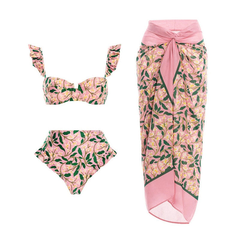 2024 Bikini Floral Ruffled Bikini Set Women 3D Flower High Waist Two Piece Swimsuit Beach Skirt Bathing Suit Swimwear Biquinis set 21