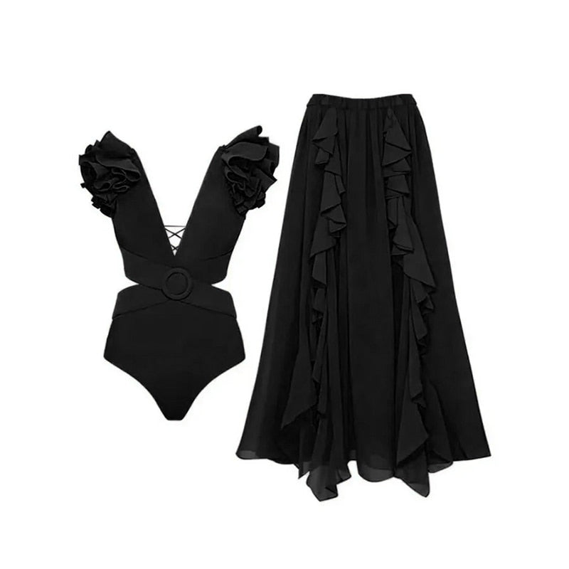 2024 Bikini Floral Ruffled Bikini Set Women 3D Flower High Waist Two Piece Swimsuit Beach Skirt Bathing Suit Swimwear Biquinis set 34