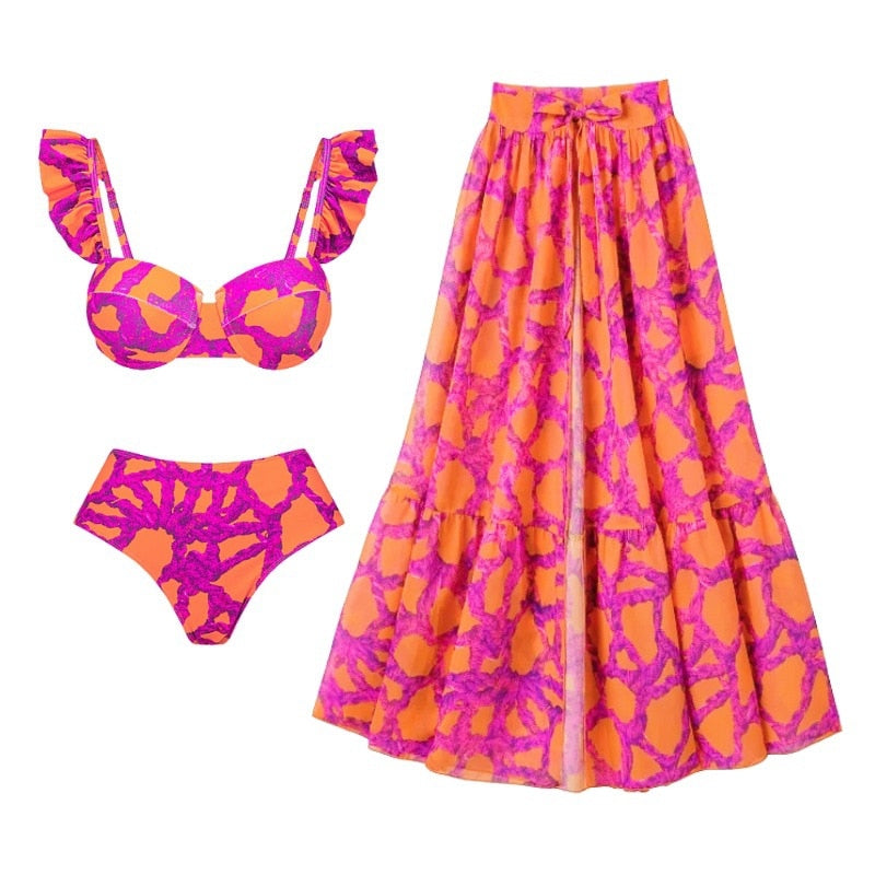 2024 Bikini Floral Ruffled Bikini Set Women 3D Flower High Waist Two Piece Swimsuit Beach Skirt Bathing Suit Swimwear Biquinis