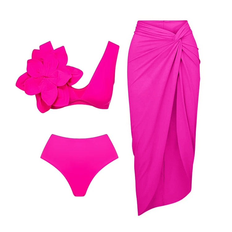 2024 Bikini Floral Ruffled Bikini Set Women 3D Flower High Waist Two Piece Swimsuit Beach Skirt Bathing Suit Swimwear Biquinis set 1