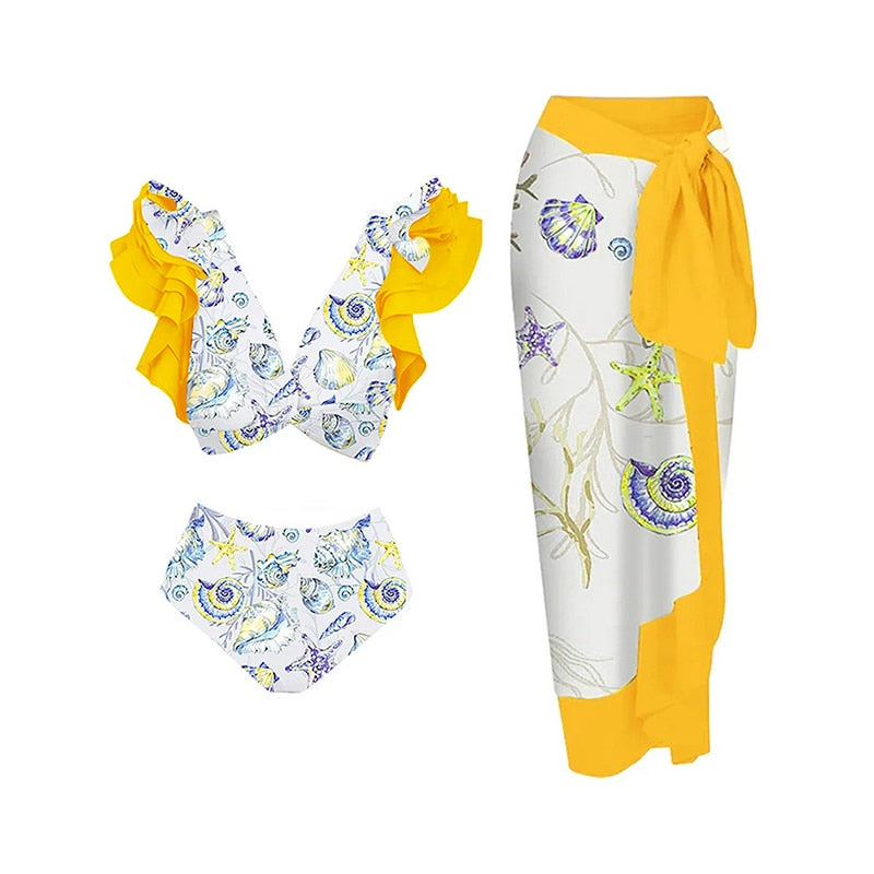 2024 Bikini Floral Ruffled Bikini Set Women 3D Flower High Waist Two Piece Swimsuit Beach Skirt Bathing Suit Swimwear Biquinis set 26