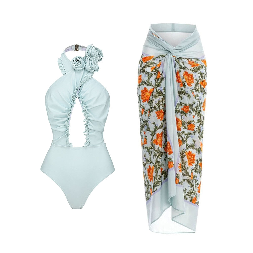 2024 Bikini Floral Ruffled Bikini Set Women 3D Flower High Waist Two Piece Swimsuit Beach Skirt Bathing Suit Swimwear Biquinis set 9