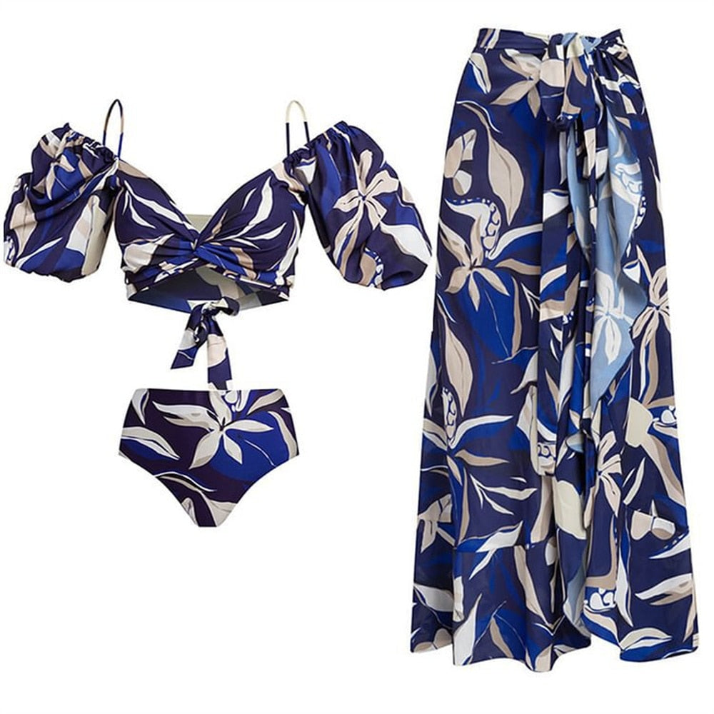 2024 Bikini Floral Ruffled Bikini Set Women 3D Flower High Waist Two Piece Swimsuit Beach Skirt Bathing Suit Swimwear Biquinis