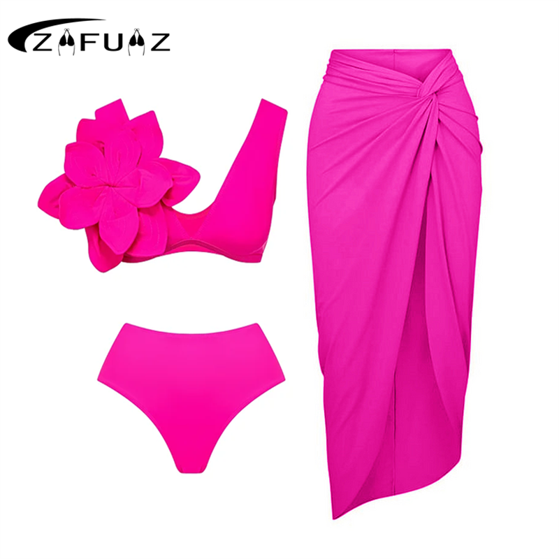2024 Bikini Floral Ruffled Bikini Set Women 3D Flower High Waist Two Piece Swimsuit Beach Skirt Bathing Suit Swimwear Biquinis