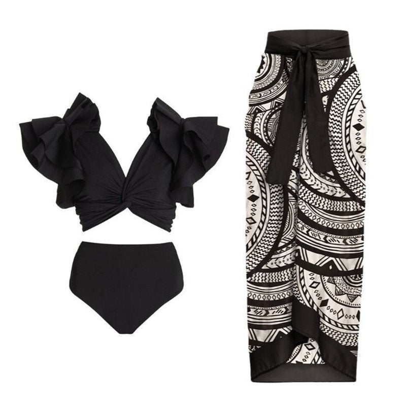 2024 Bikini Floral Ruffled Bikini Set Women 3D Flower High Waist Two Piece Swimsuit Beach Skirt Bathing Suit Swimwear Biquinis set 3