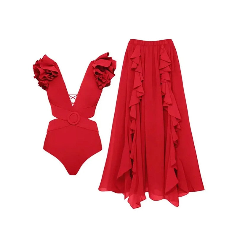 2024 Bikini Floral Ruffled Bikini Set Women 3D Flower High Waist Two Piece Swimsuit Beach Skirt Bathing Suit Swimwear Biquinis set 33