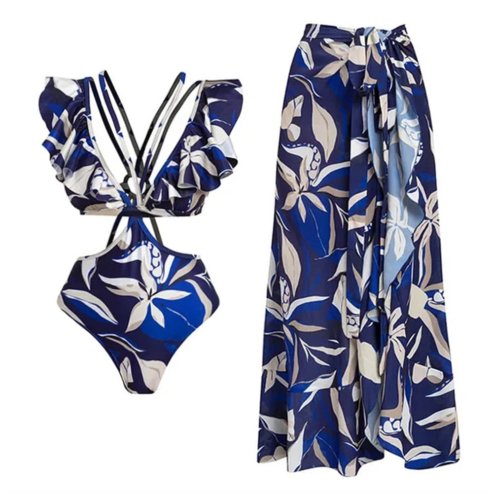 2024 Bikini Floral Ruffled Bikini Set Women 3D Flower High Waist Two Piece Swimsuit Beach Skirt Bathing Suit Swimwear Biquinis