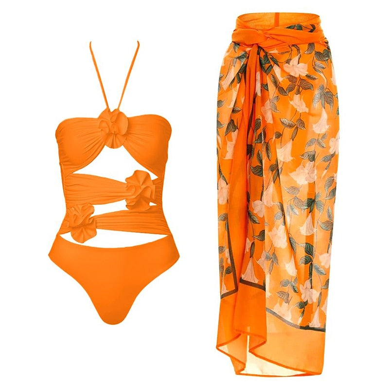 2024 Bikini Floral Ruffled Bikini Set Women 3D Flower High Waist Two Piece Swimsuit Beach Skirt Bathing Suit Swimwear Biquinis