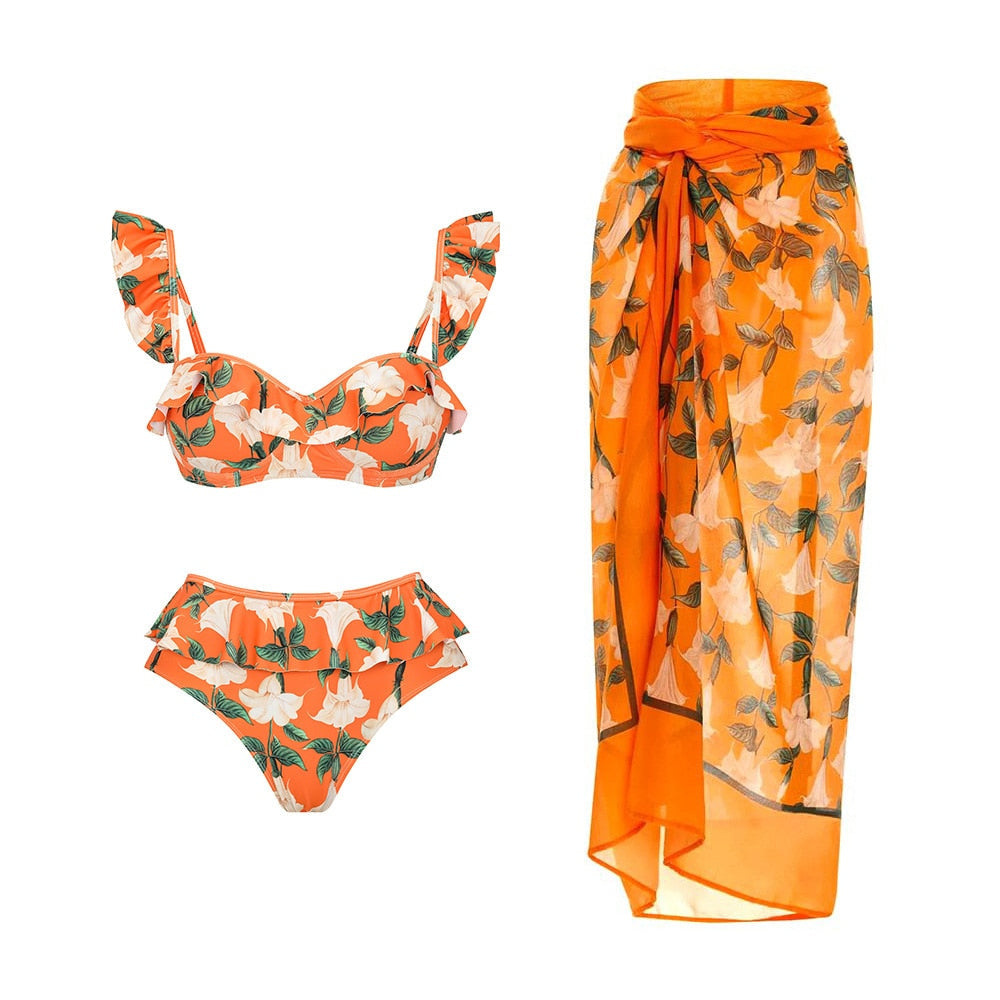 2024 Bikini Floral Ruffled Bikini Set Women 3D Flower High Waist Two Piece Swimsuit Beach Skirt Bathing Suit Swimwear Biquinis