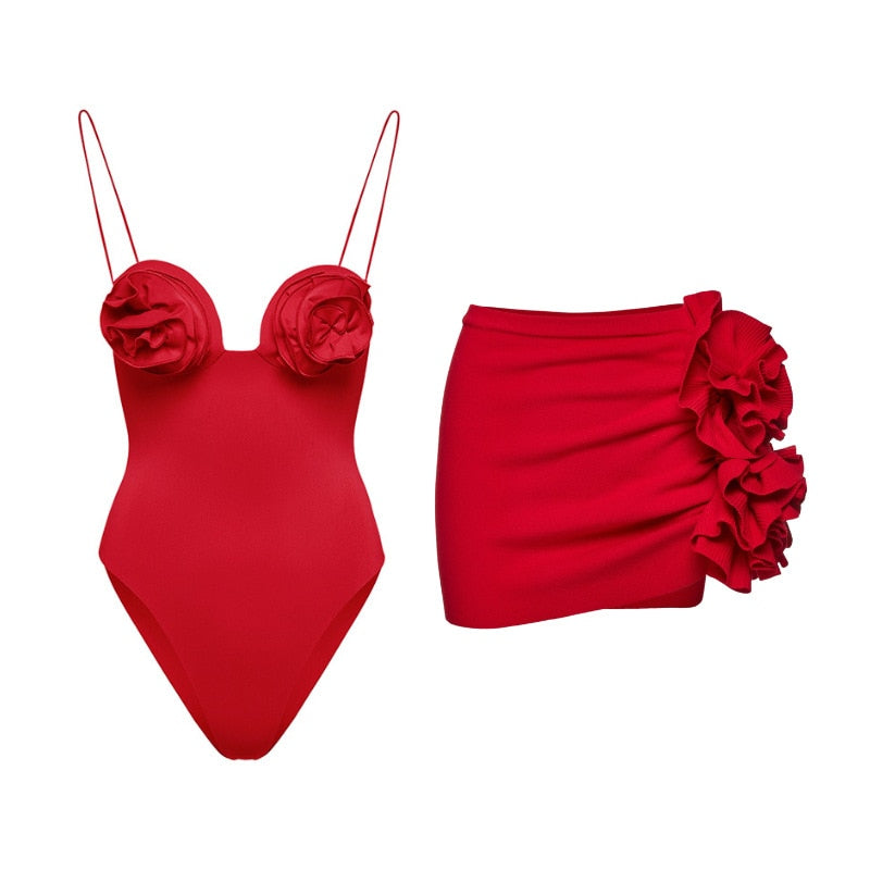2024 Bikini Floral Ruffled Bikini Set Women 3D Flower High Waist Two Piece Swimsuit Beach Skirt Bathing Suit Swimwear Biquinis set 7