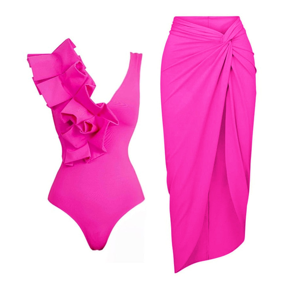 2024 Bikini Floral Ruffled Bikini Set Women 3D Flower High Waist Two Piece Swimsuit Beach Skirt Bathing Suit Swimwear Biquinis set 2