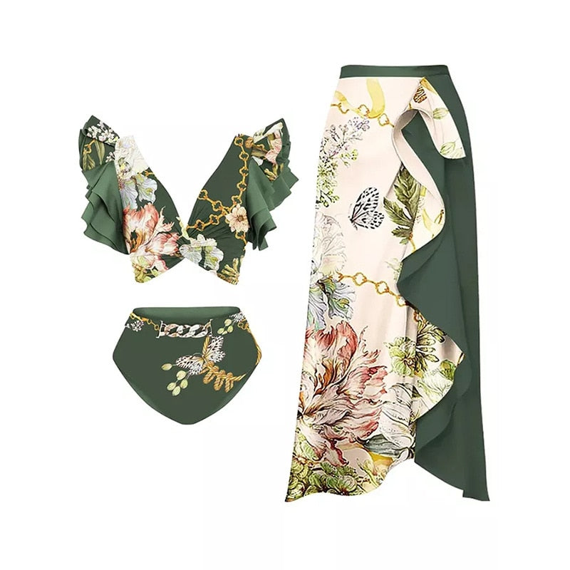 2024 Bikini Floral Ruffled Bikini Set Women 3D Flower High Waist Two Piece Swimsuit Beach Skirt Bathing Suit Swimwear Biquinis set 22