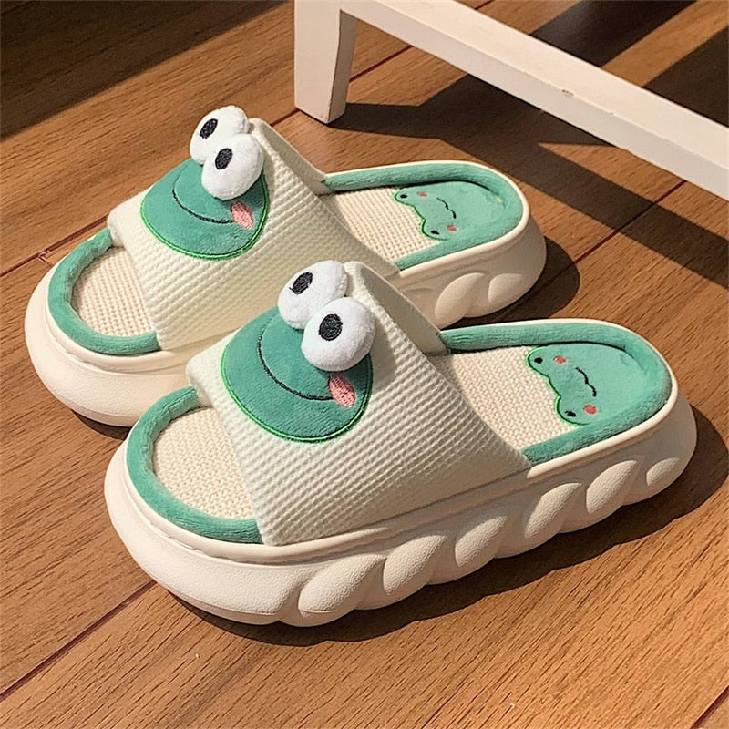 2024 Cartoon Cute Anime Women Slippers Linen Pig Slippers Four Seasons Indoor Home Sandals for Women Fun Shoes New Green