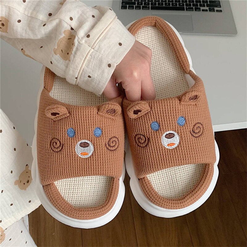 2024 Cartoon Cute Anime Women Slippers Linen Pig Slippers Four Seasons Indoor Home Sandals for Women Fun Shoes New Brown