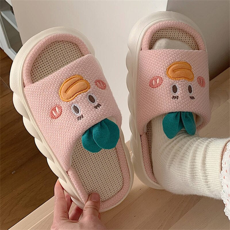 2024 Cartoon Cute Anime Women Slippers Linen Pig Slippers Four Seasons Indoor Home Sandals for Women Fun Shoes New Pink