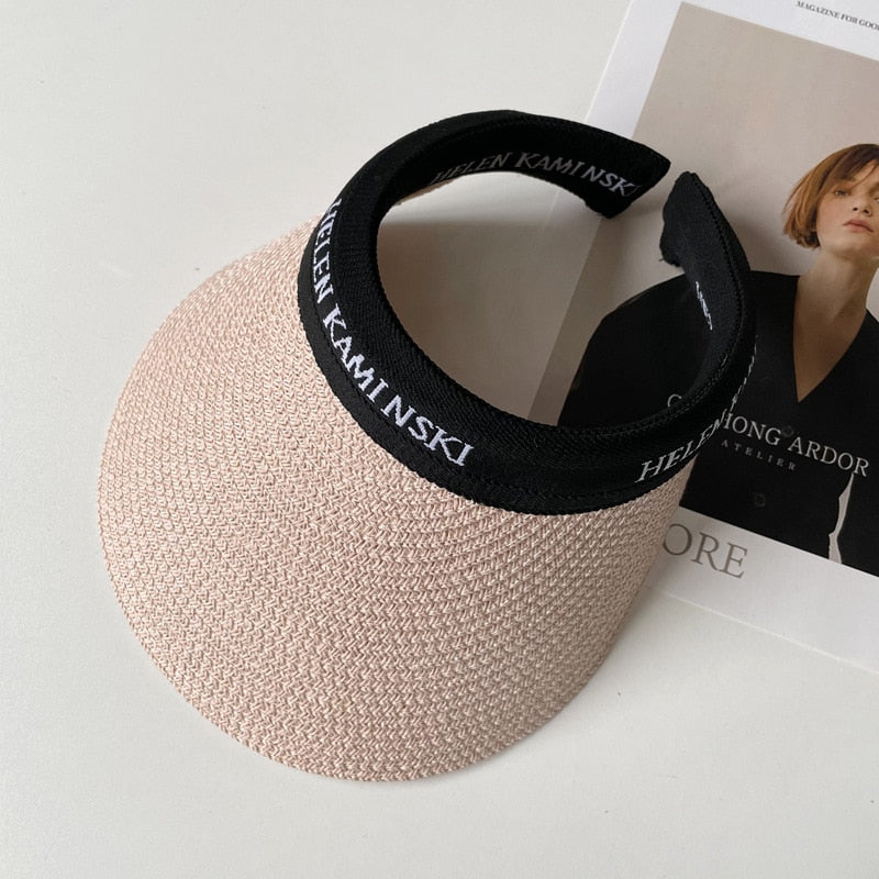 2024 Empty Top Straw Hat Travel Sunshade Sun Hat Cap Trendy Superlite Beach Cap summer Wear Visor Cap For Womens Pink-1 57 cm
