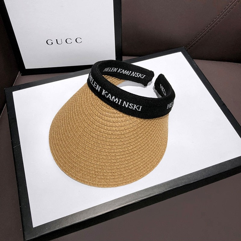 2024 Empty Top Straw Hat Travel Sunshade Sun Hat Cap Trendy Superlite Beach Cap summer Wear Visor Cap For Womens Black coffee-1 57 cm