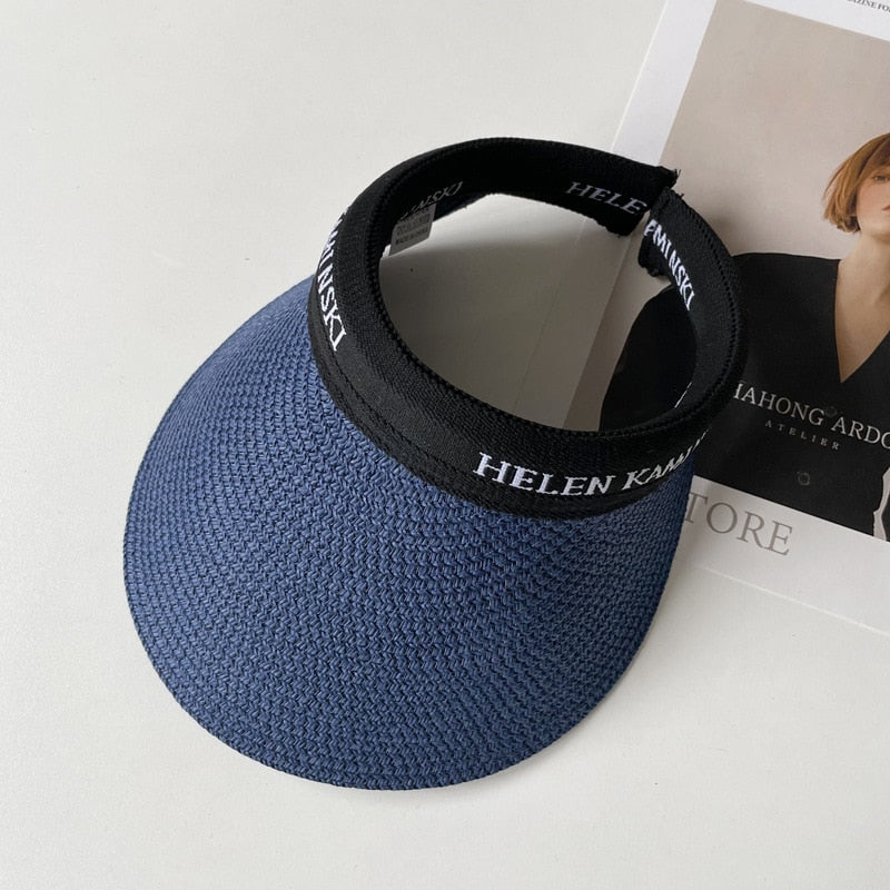 2024 Empty Top Straw Hat Travel Sunshade Sun Hat Cap Trendy Superlite Beach Cap summer Wear Visor Cap For Womens Navy Blue-1 57 cm