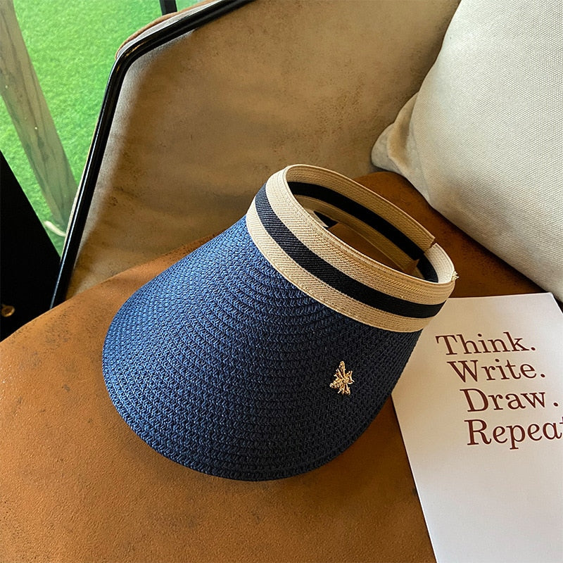 2024 Empty Top Straw Hat Travel Sunshade Sun Hat Cap Trendy Superlite Beach Cap summer Wear Visor Cap For Womens Blue 57 cm