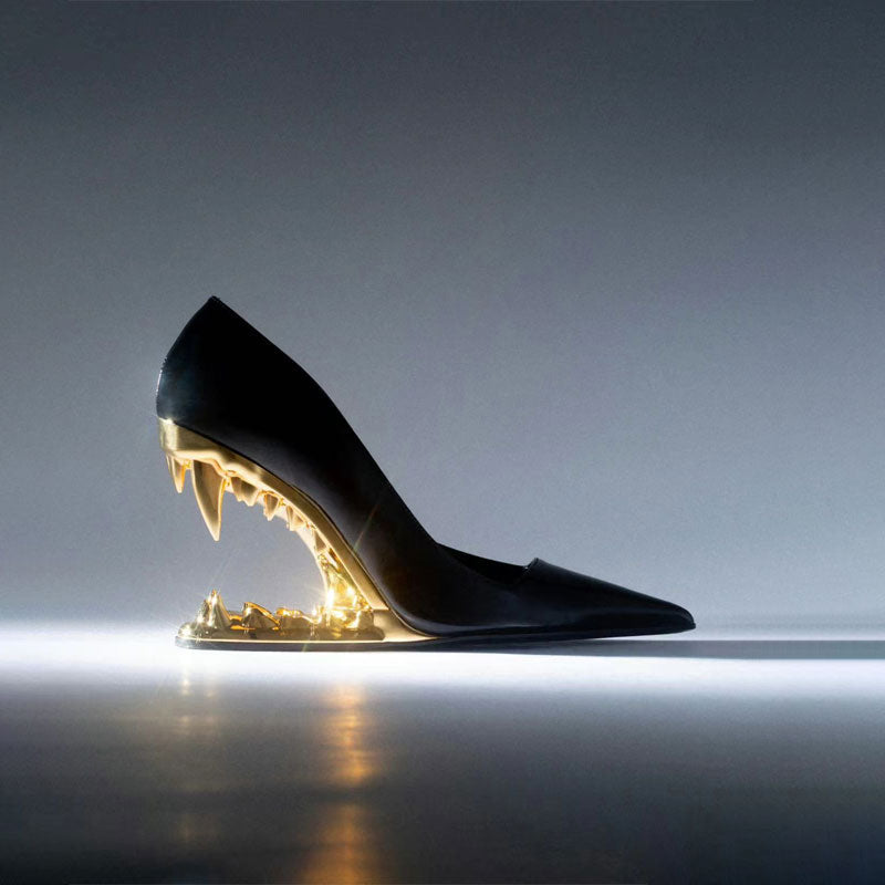 European and American Summer Fashion Metal Teeth Sandals with Profiled Heels, High-heeled Runway Show, Women's Sandals 500 Black gold heel