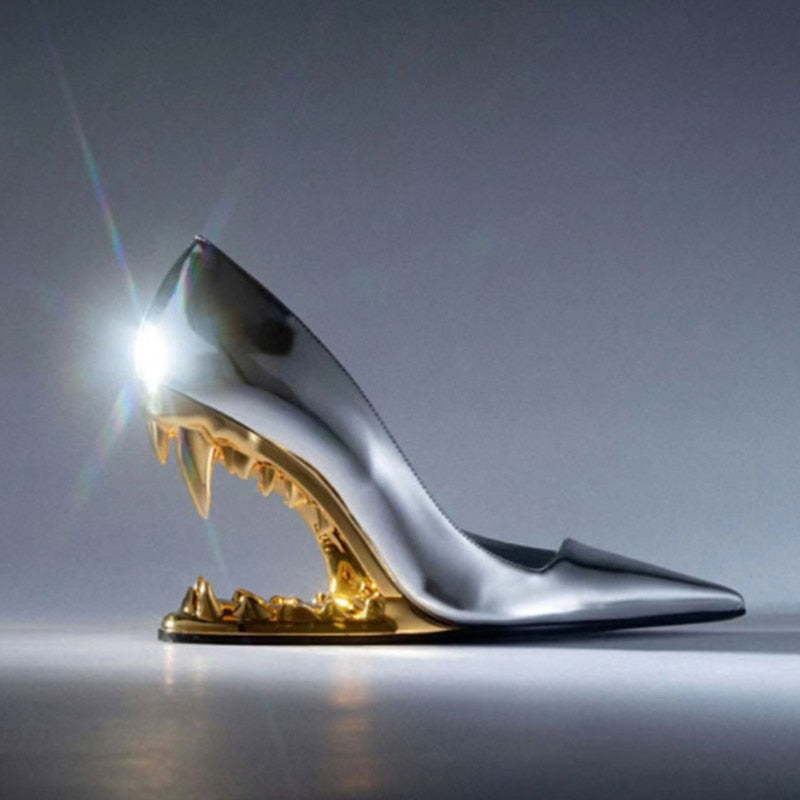 European and American Summer Fashion Metal Teeth Sandals with Profiled Heels, High-heeled Runway Show, Women's Sandals 500 Silver Gold Heel