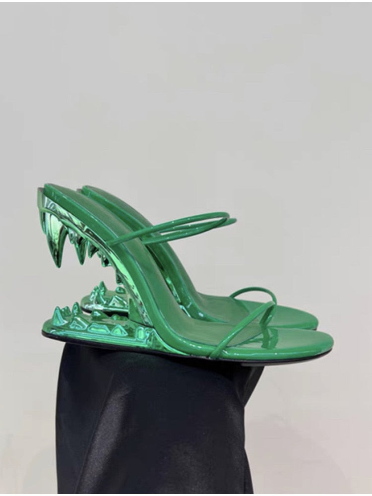 European and American Summer Fashion Metal Teeth Sandals with Profiled Heels, High-heeled Runway Show, Women's Sandals