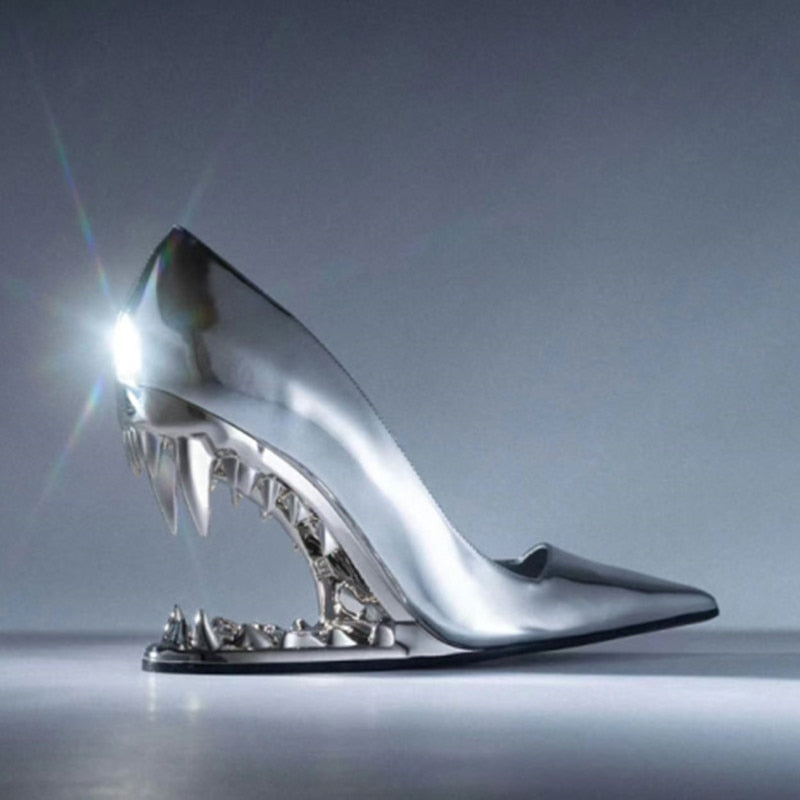 European and American Summer Fashion Metal Teeth Sandals with Profiled Heels, High-heeled Runway Show, Women's Sandals 500 Silver