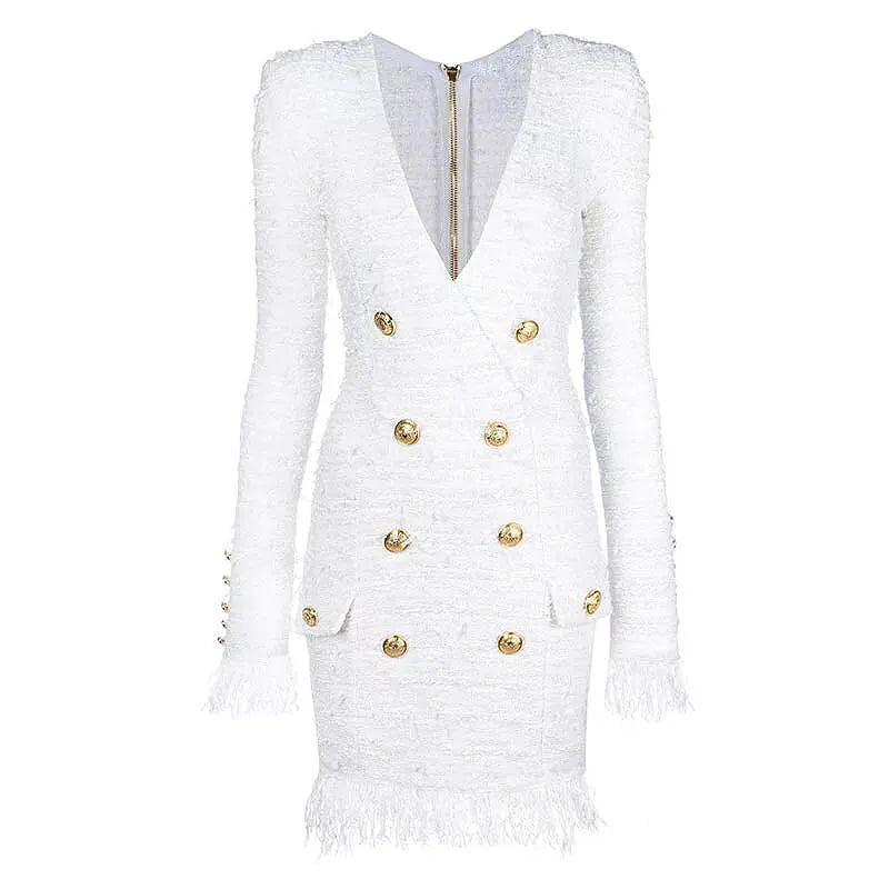 2024 Fall Winter Newest Designer Dress Women's V-neck Long Sleeve Lion Buttons Tassel Fringed Tweed Dress