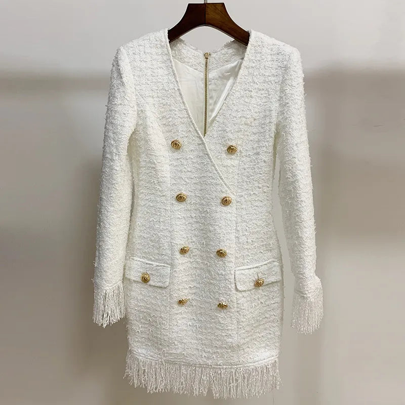 2024 Fall Winter Newest Designer Dress Women's V-neck Long Sleeve Lion Buttons Tassel Fringed Tweed Dress White