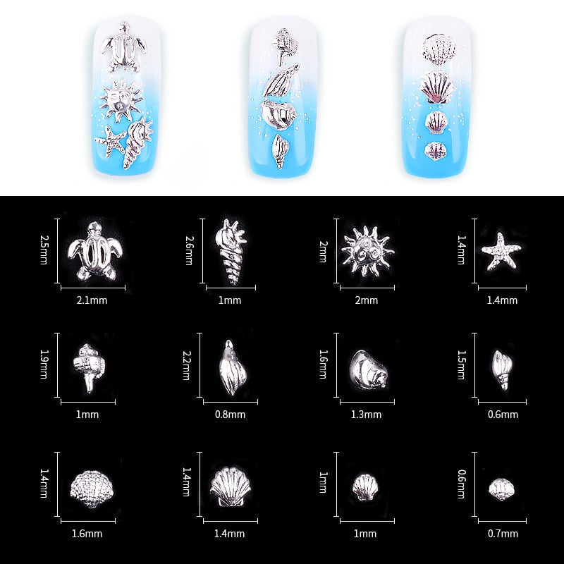 2024 Fashion Metal Sea Animal Stickers for Nails Cute Shell Shape Nail Art Decorations for Manicure