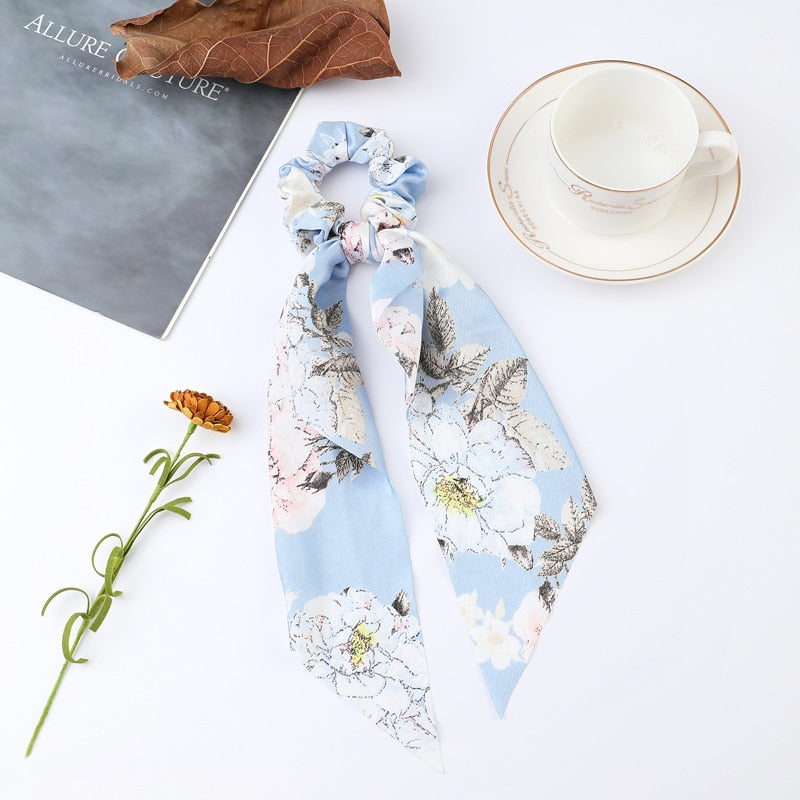 2024 Fashion Print Chiffon Long Ribbon Scrunchies Women Girls Ponytail Scarf Elastic Hair Bands Ties Hair Accessories Wholesale 2