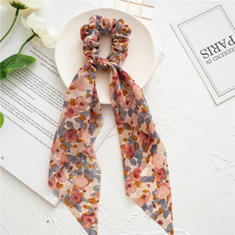 2024 Fashion Print Chiffon Long Ribbon Scrunchies Women Girls Ponytail Scarf Elastic Hair Bands Ties Hair Accessories Wholesale 26