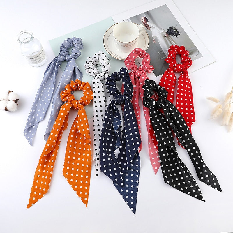 2024 Fashion Print Chiffon Long Ribbon Scrunchies Women Girls Ponytail Scarf Elastic Hair Bands Ties Hair Accessories Wholesale