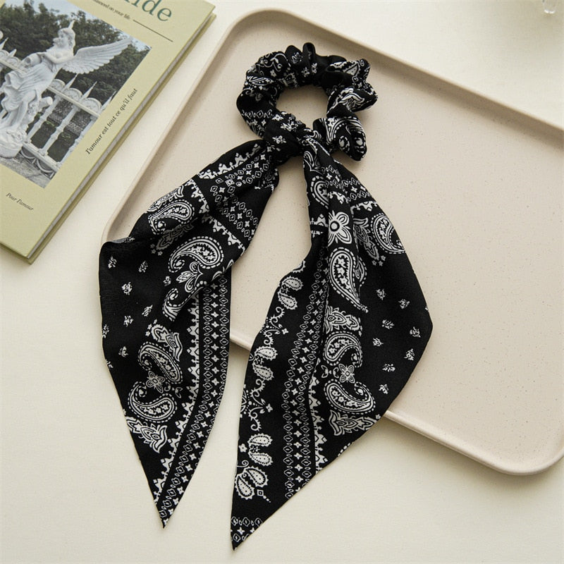 2024 Fashion Print Chiffon Long Ribbon Scrunchies Women Girls Ponytail Scarf Elastic Hair Bands Ties Hair Accessories Wholesale 37