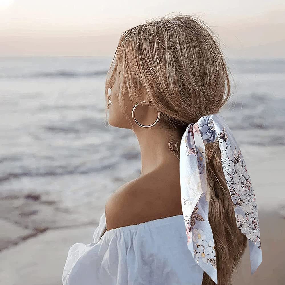 2024 Fashion Print Chiffon Long Ribbon Scrunchies Women Girls Ponytail Scarf Elastic Hair Bands Ties Hair Accessories Wholesale