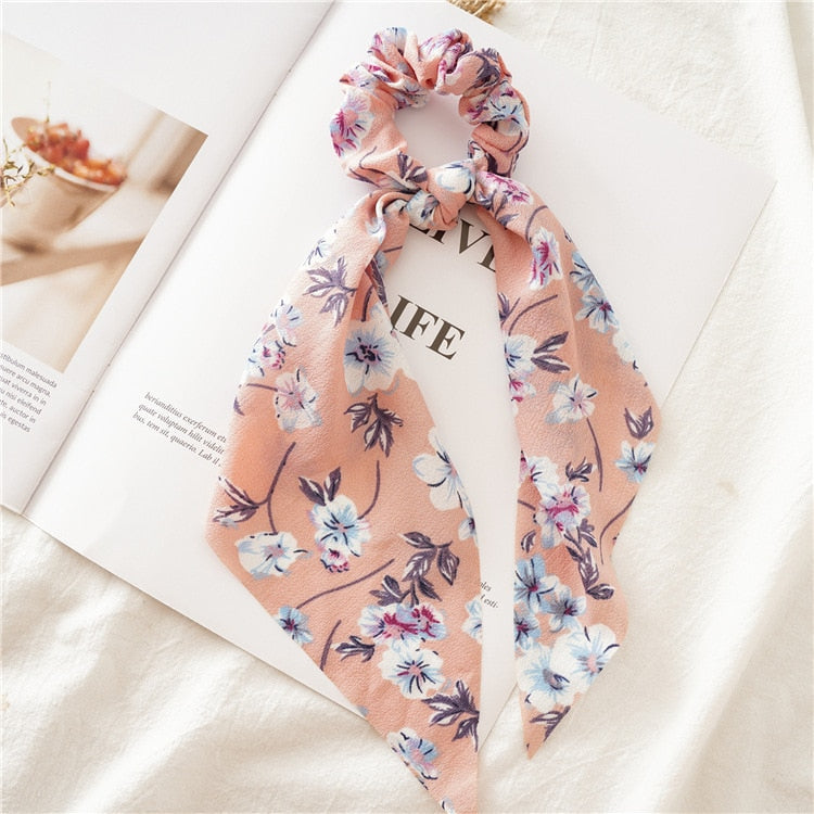 2024 Fashion Print Chiffon Long Ribbon Scrunchies Women Girls Ponytail Scarf Elastic Hair Bands Ties Hair Accessories Wholesale 17