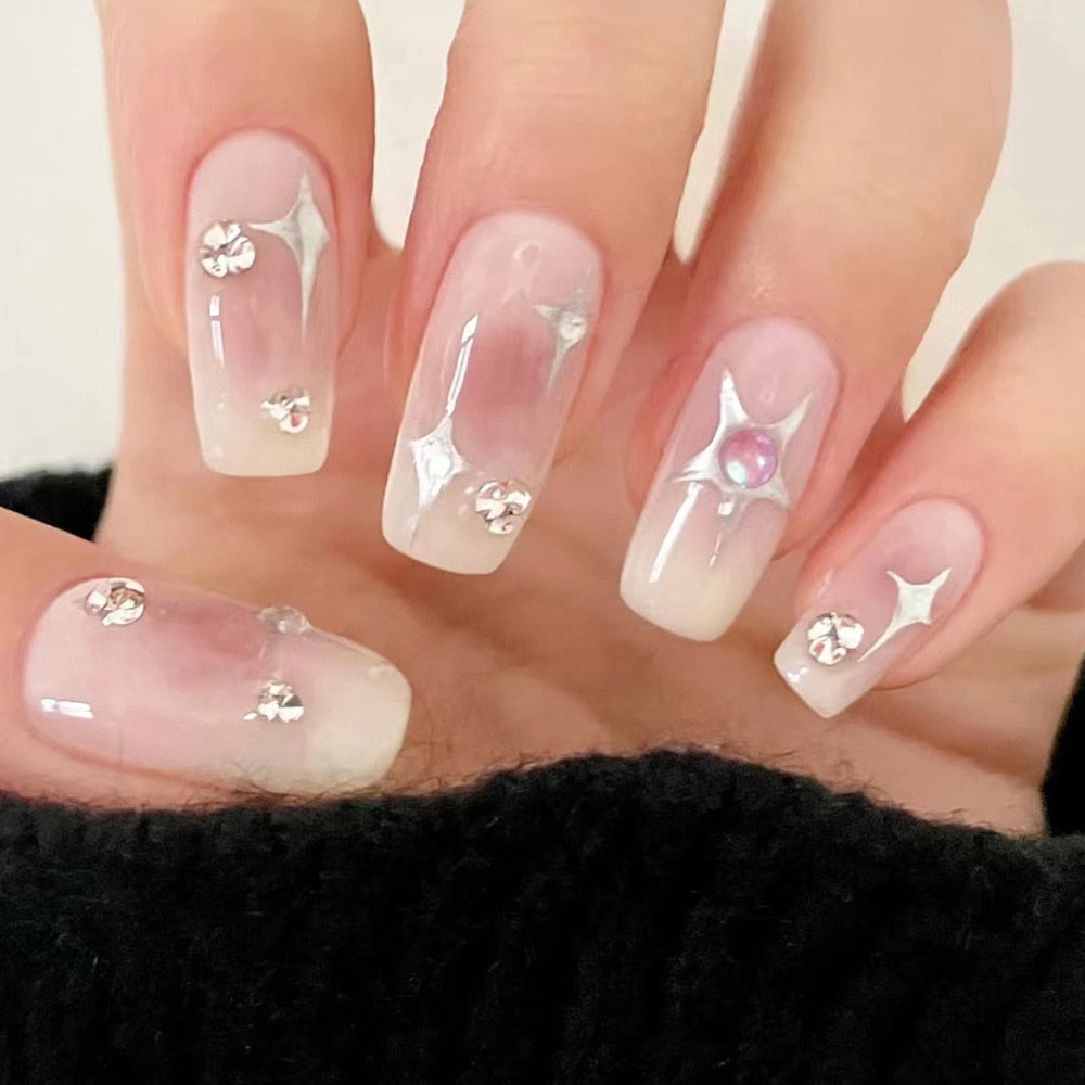 2024 Gradient Fake Nails Press on Nail Diamond Cross Art Long Tips False Forms with Glue Stick Stickers Reusable Set DZ104