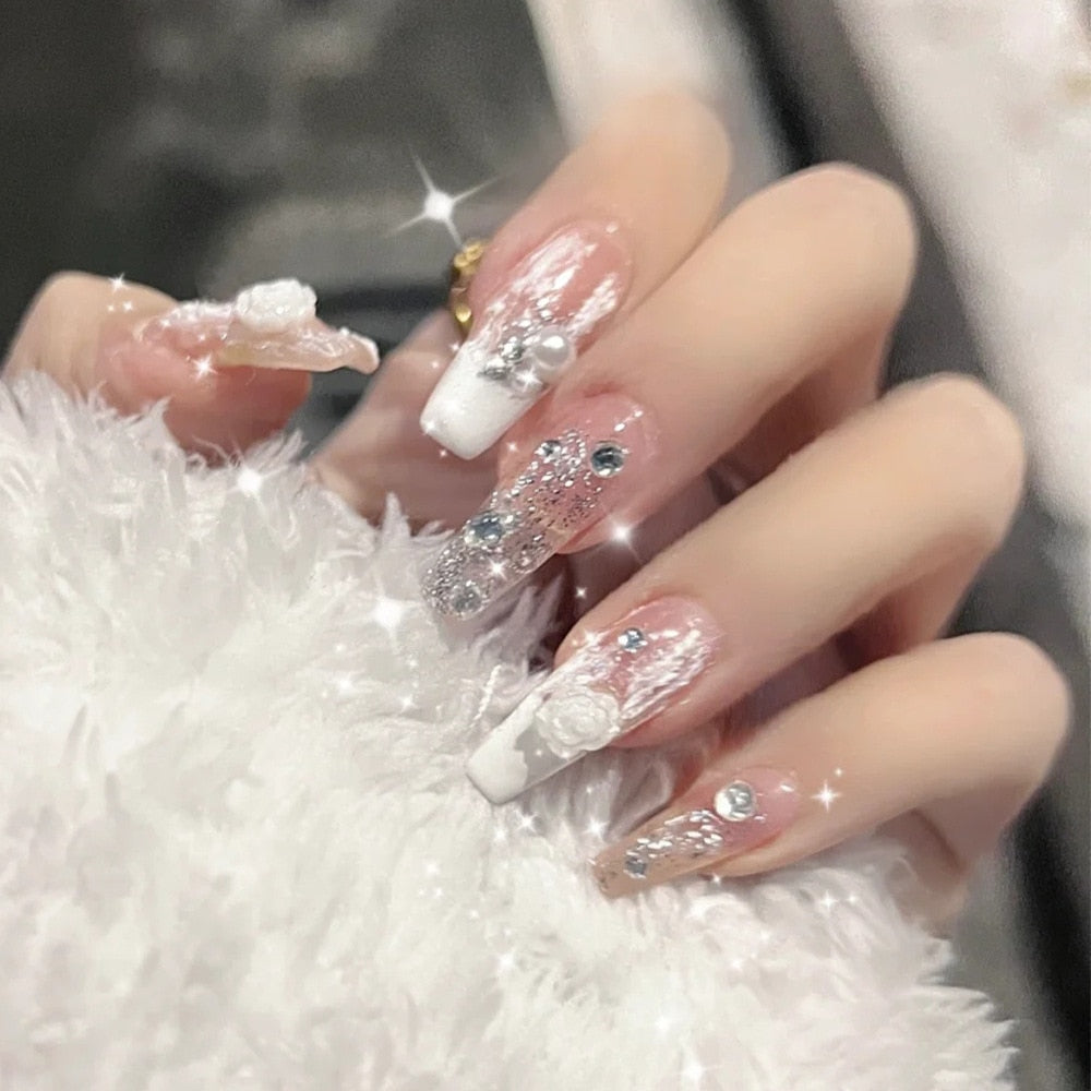 2024 Gradient Fake Nails Press on Nail Diamond Cross Art Long Tips False Forms with Glue Stick Stickers Reusable Set